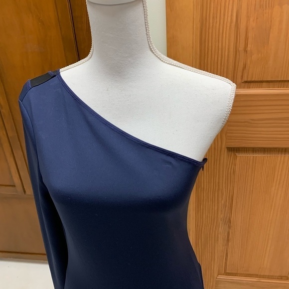 Rachel Roy one shoulder cocktail midi dress navy w/black mesh panel size 8 - Picture 5 of 6